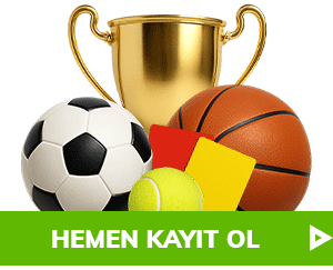 sarı ve kırmızı kart, basket ve futbol topu, kupa bulunan kayıt ol butonu